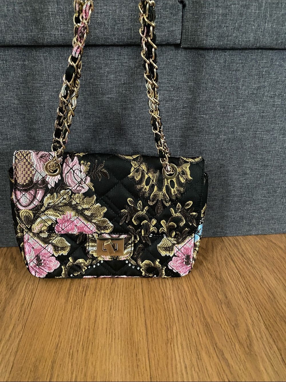 JUSTFAB Quilted Floral Chain-Handle Shoulder Bag Or Crossbody Black & Pink